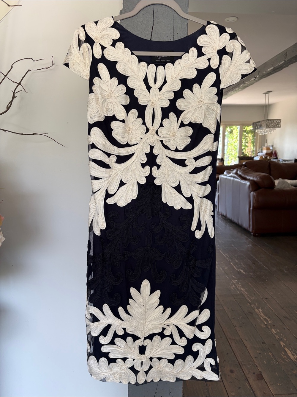 BLACK & Cream Floral Embroidered Sheath Dress LYMAN BY FRANK LYMAN